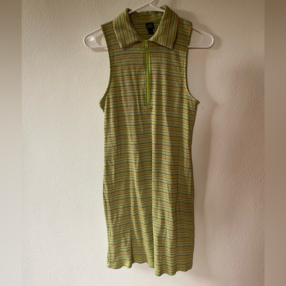 Green striped, sleeveless dress with 3/4 zipper and collar. Size M.